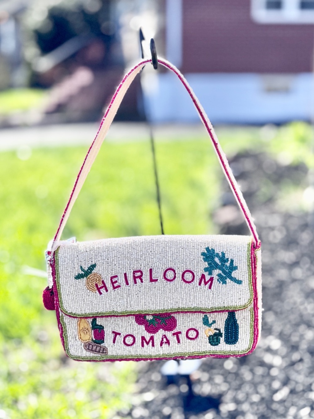 Heirloom Tomato Beaded Shoulder Bag - Cream with Tomato Bag Charm - Picture 7 of 13